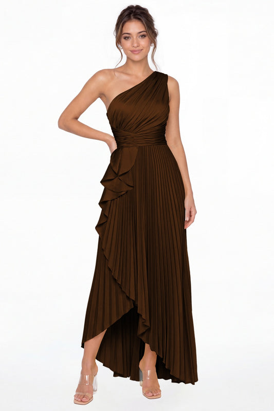 Brown One Shoulder Ruched Satin Maxi Dress - Front View
