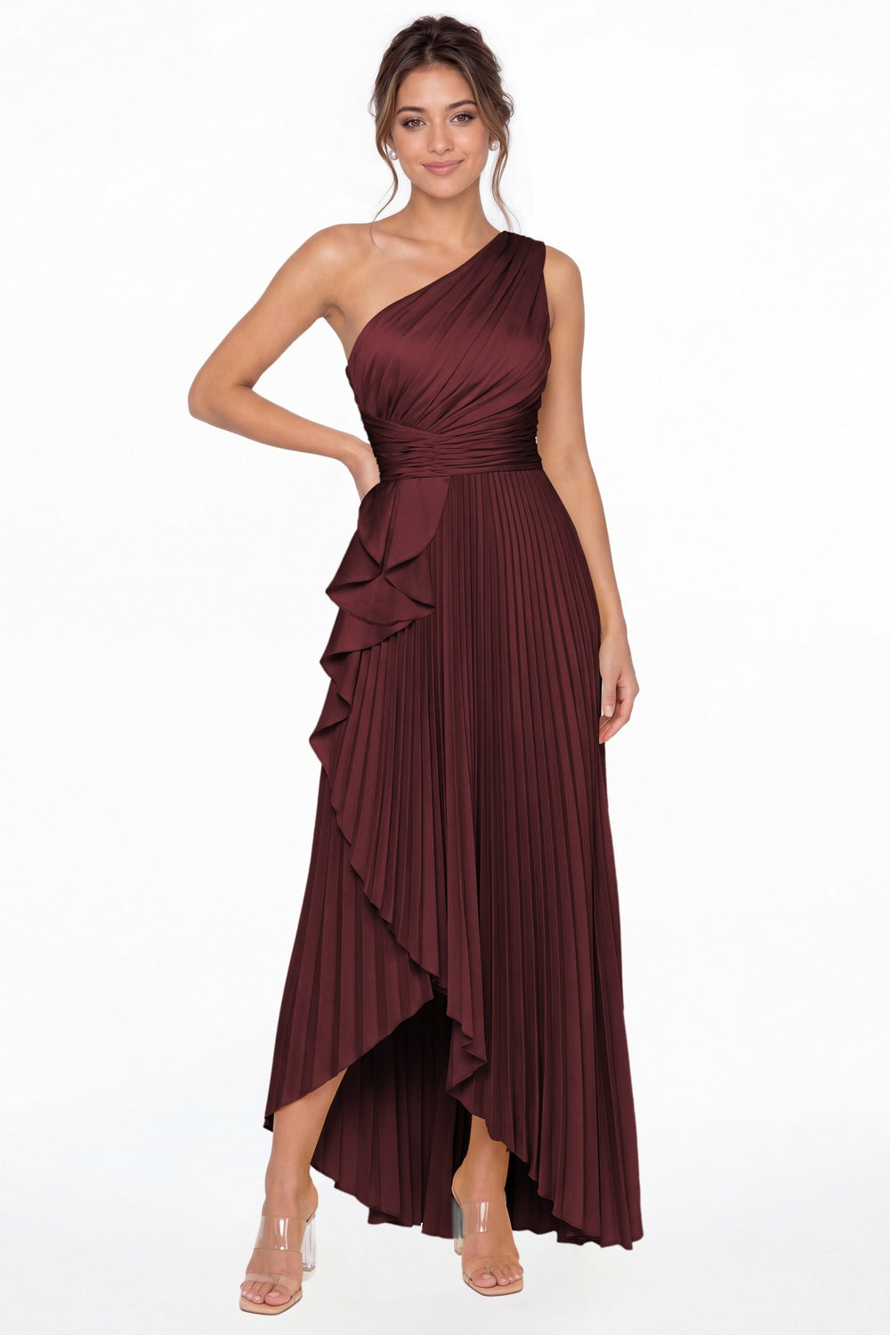 Burgundy One Shoulder Ruched Satin Maxi Dress - Front View