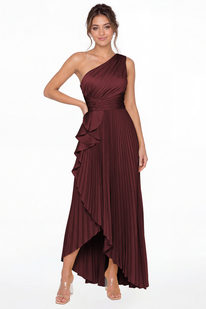Burgundy One Shoulder Ruched Satin Maxi Dress - Front View
