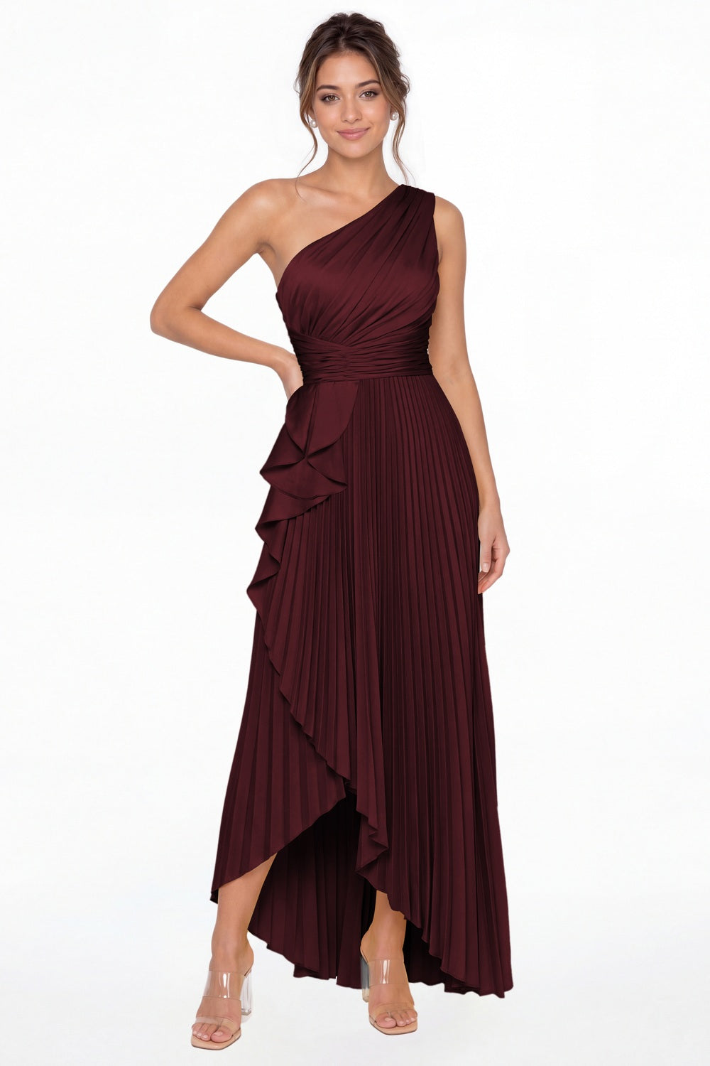 Burgundy One Shoulder Ruched Satin Maxi Dress - Front View