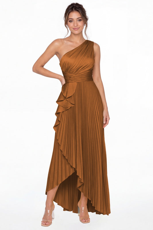 Burnt Orange One Shoulder Ruched Satin Maxi Dress - Front View