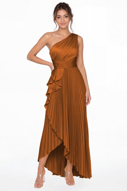 Burnt Orange One Shoulder Ruched Satin Maxi Dress - Front View