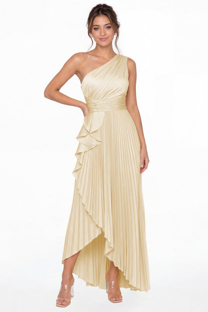 Champagne One Shoulder Ruched Satin Maxi Dress - Front View