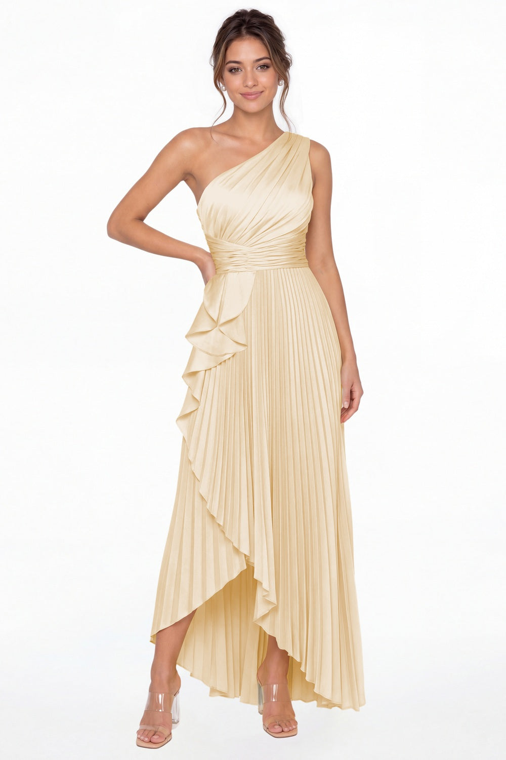 Champagne One Shoulder Ruched Satin Maxi Dress - Front View