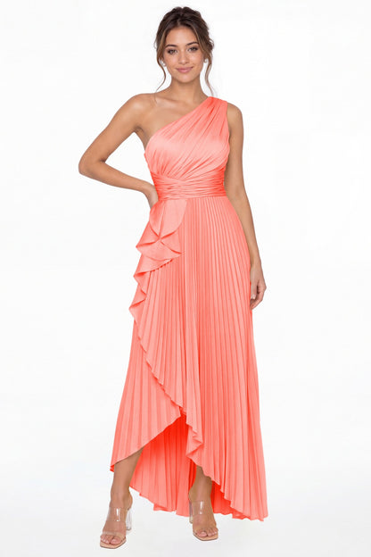 Coral One Shoulder Ruched Satin Maxi Dress - Front View