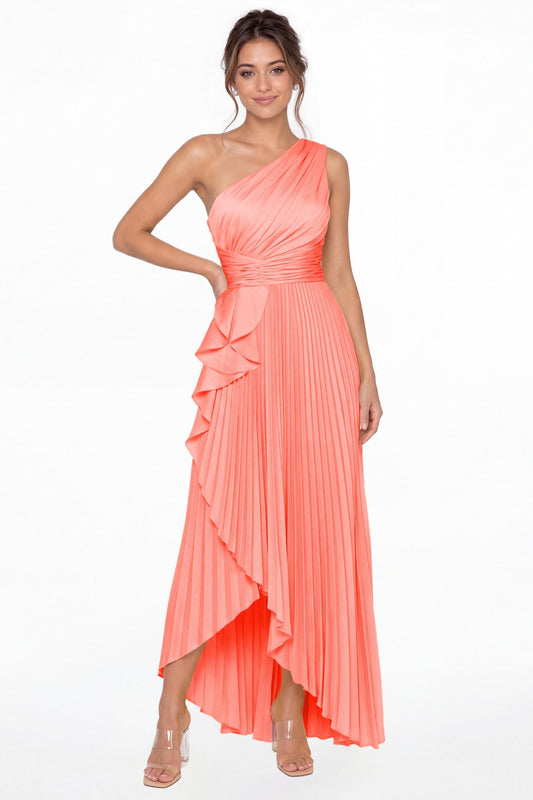 Coral One Shoulder Ruched Satin Maxi Dress - Front View
