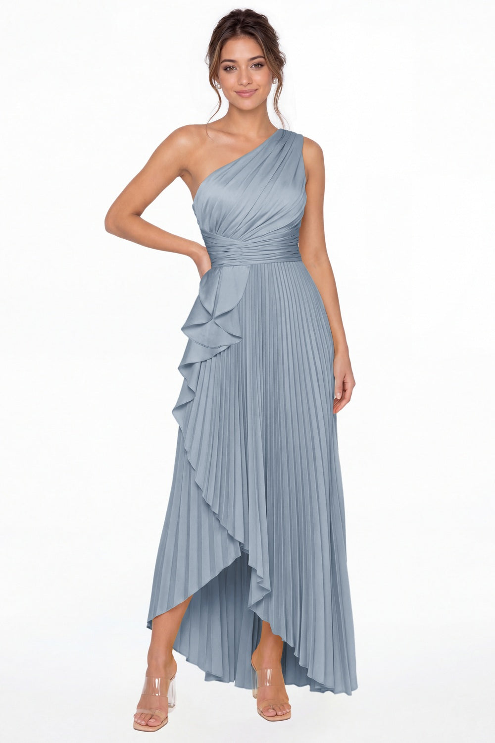 Dusty Blue One Shoulder Ruched Satin Maxi Dress - Front View