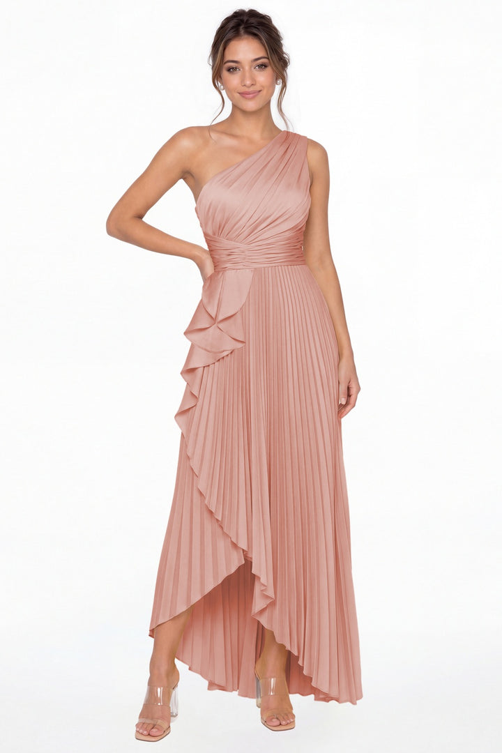 Dusty Rose One Shoulder Ruched Satin Maxi Dress - Front View