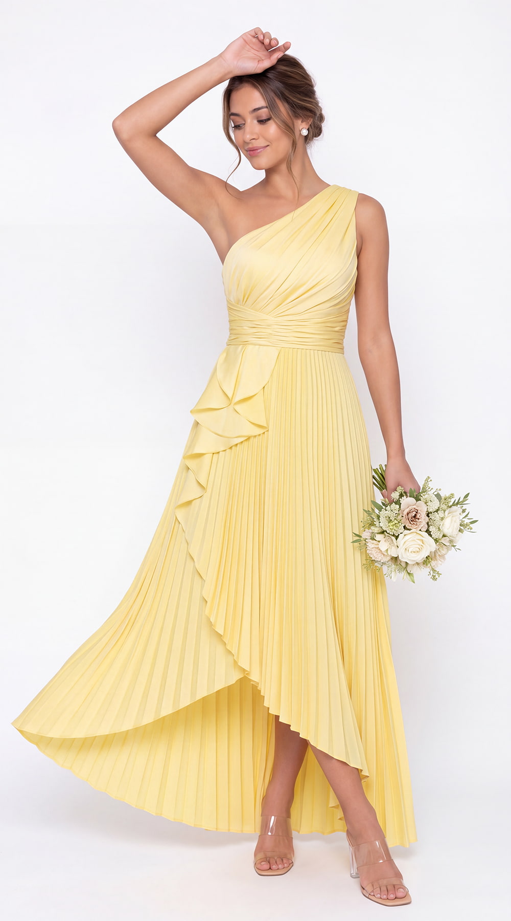 One Shoulder Ruched Satin Maxi Dress - Detail View 1