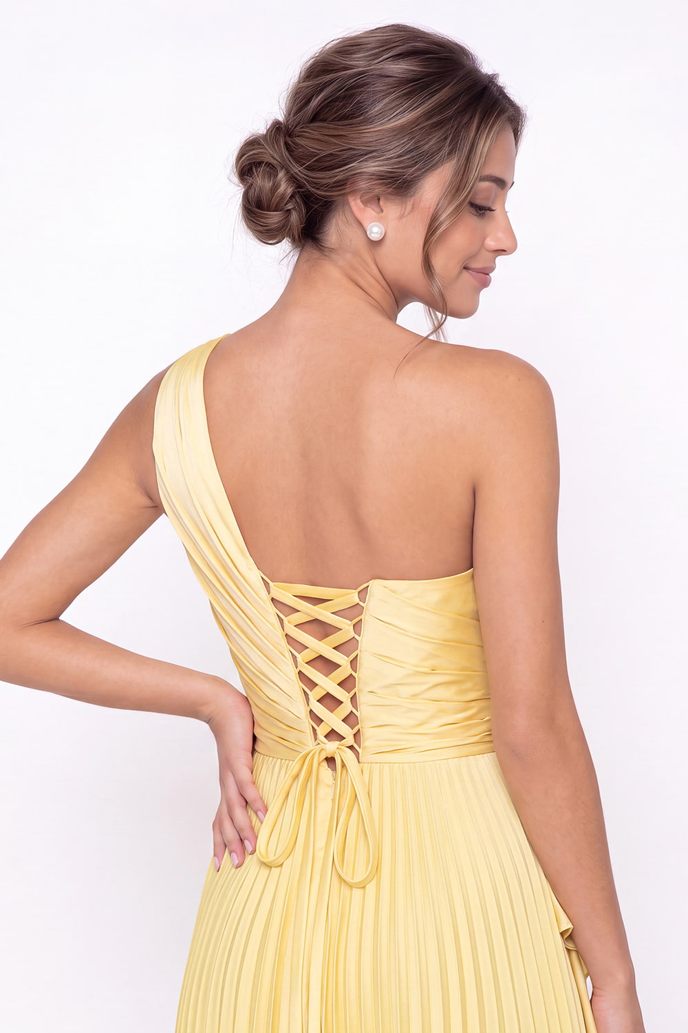 One Shoulder Ruched Satin Maxi Dress - Detail View 4