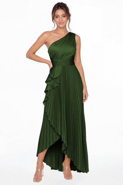Emerald Green One Shoulder Ruched Satin Maxi Dress - Front View