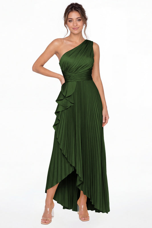 Emerald Green One Shoulder Ruched Satin Maxi Dress - Front View