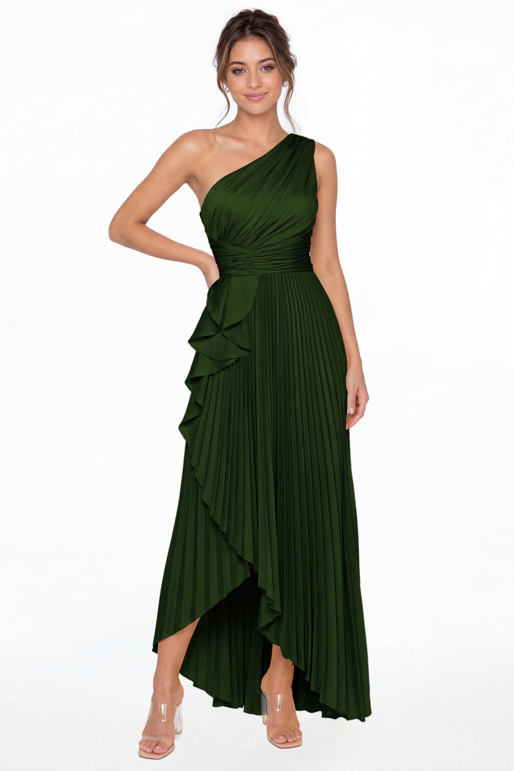 Emerald Green One Shoulder Ruched Satin Maxi Dress - Front View