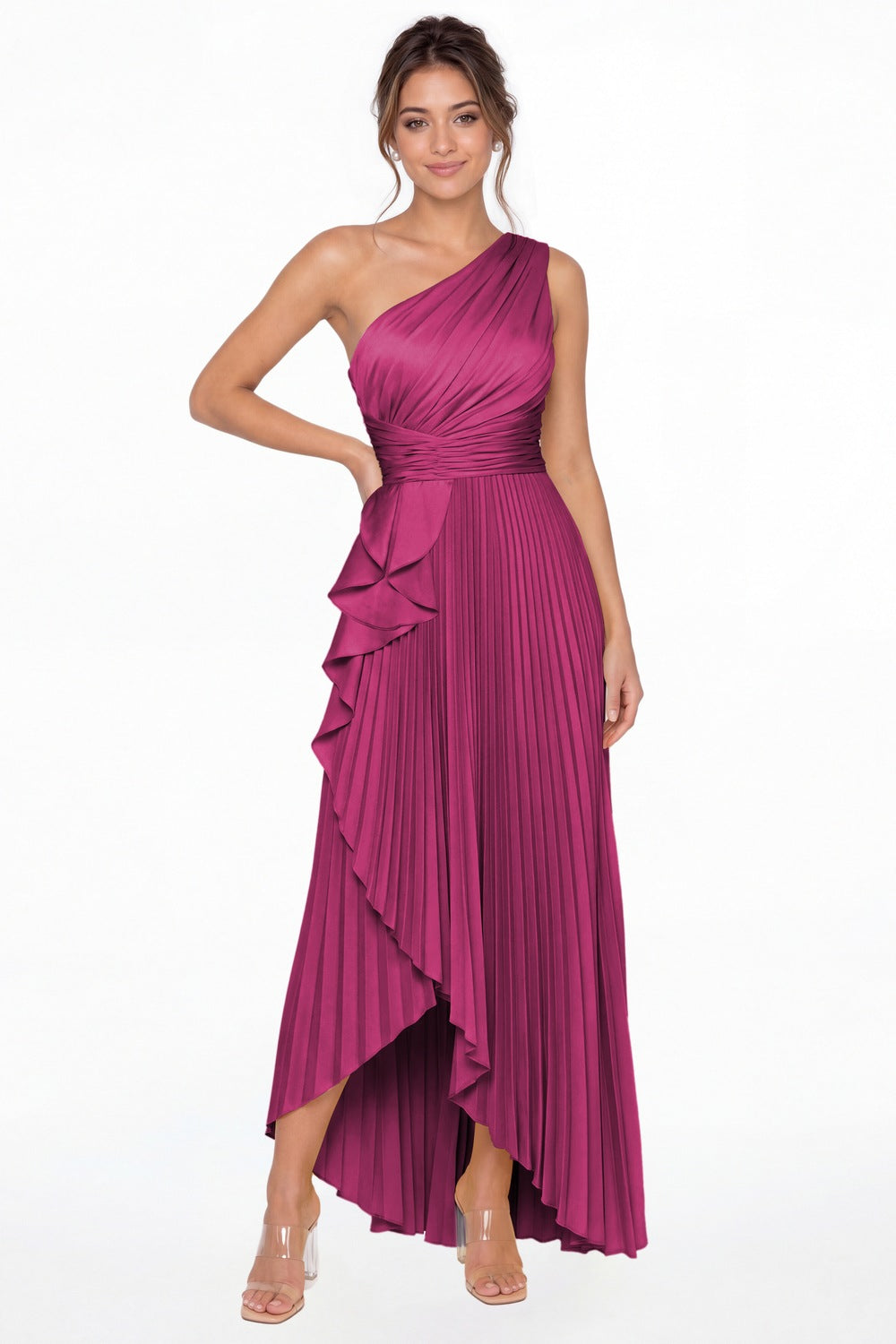Fuchsia One Shoulder Ruched Satin Maxi Dress - Front View
