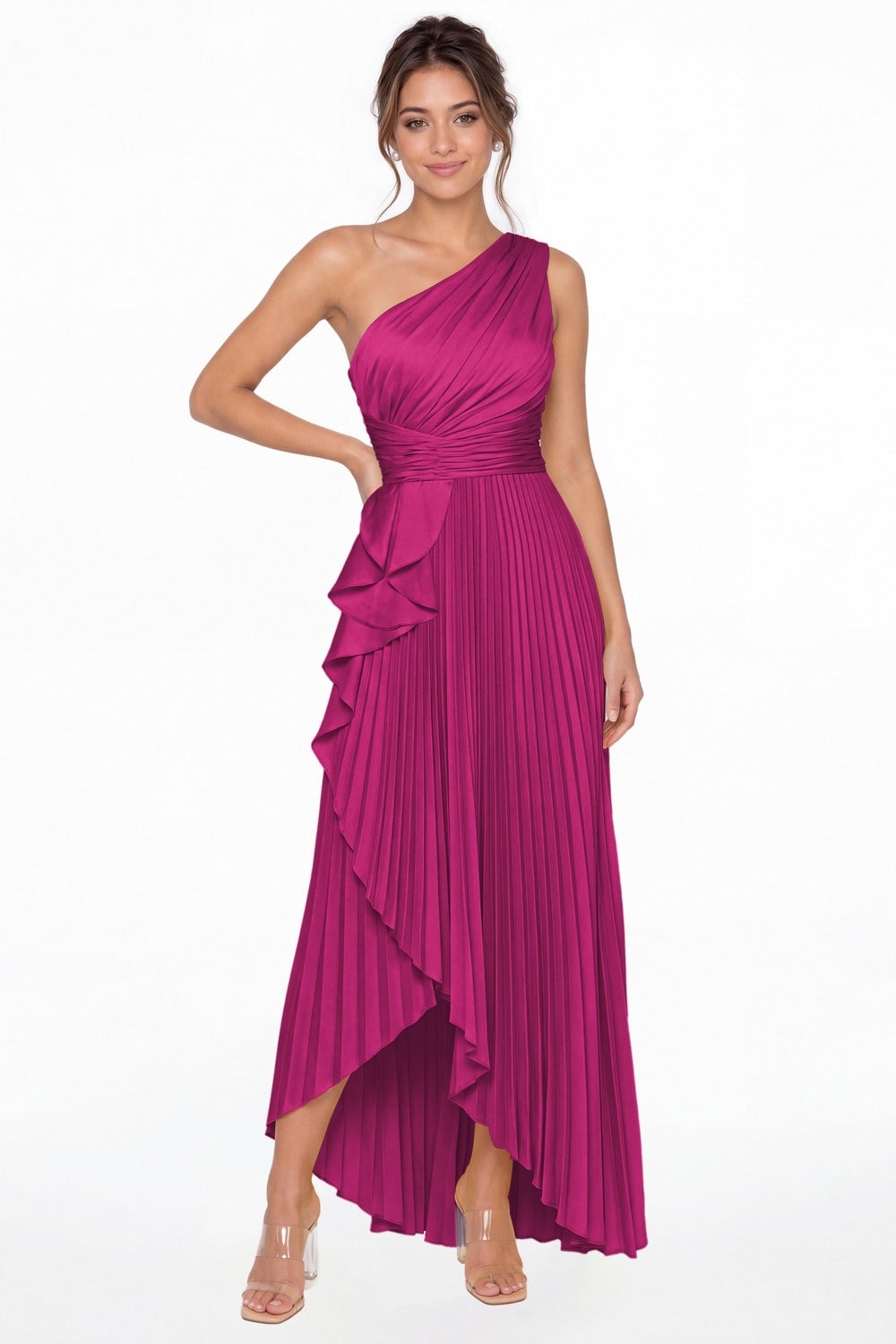 Fuchsia One Shoulder Ruched Satin Maxi Dress - Front View