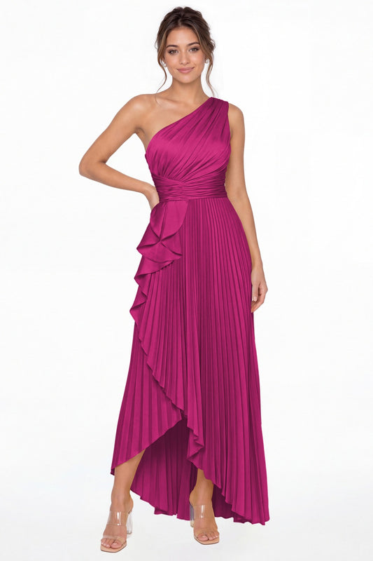 Fuchsia One Shoulder Ruched Satin Maxi Dress - Front View