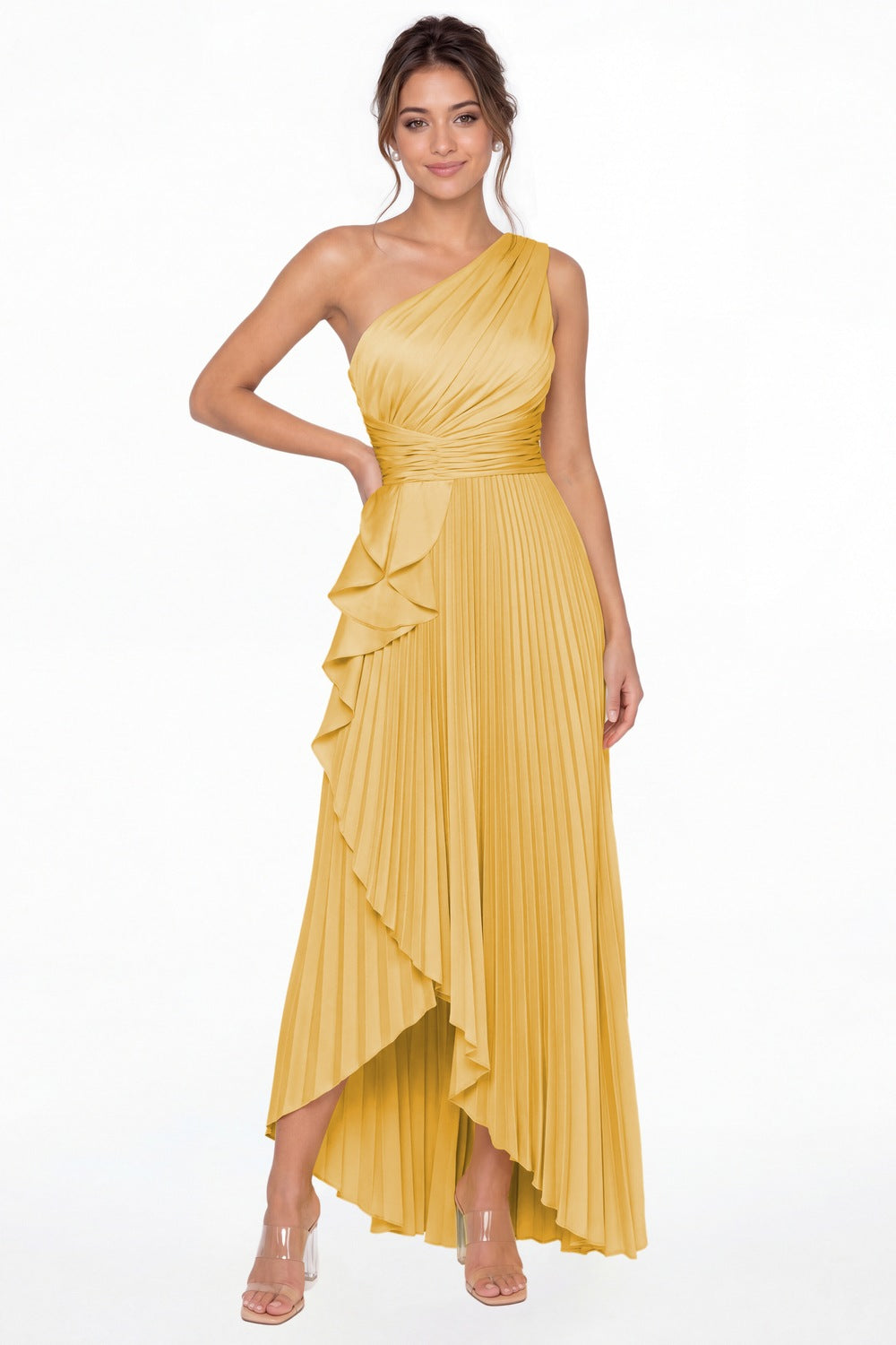 Gold One Shoulder Ruched Satin Maxi Dress - Front View
