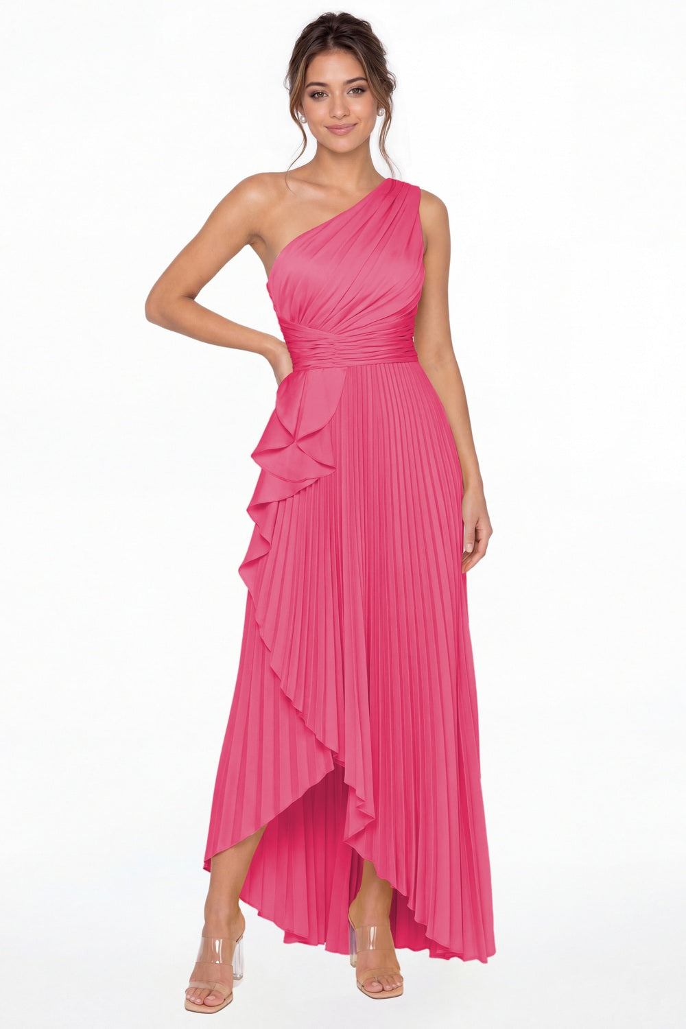 Hot Pink One Shoulder Ruched Satin Maxi Dress - Front View