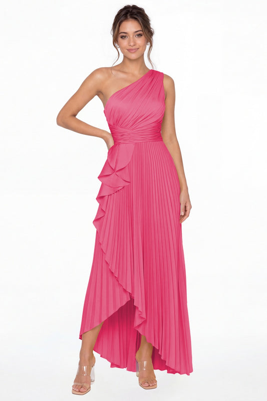 Hot Pink One Shoulder Ruched Satin Maxi Dress - Front View