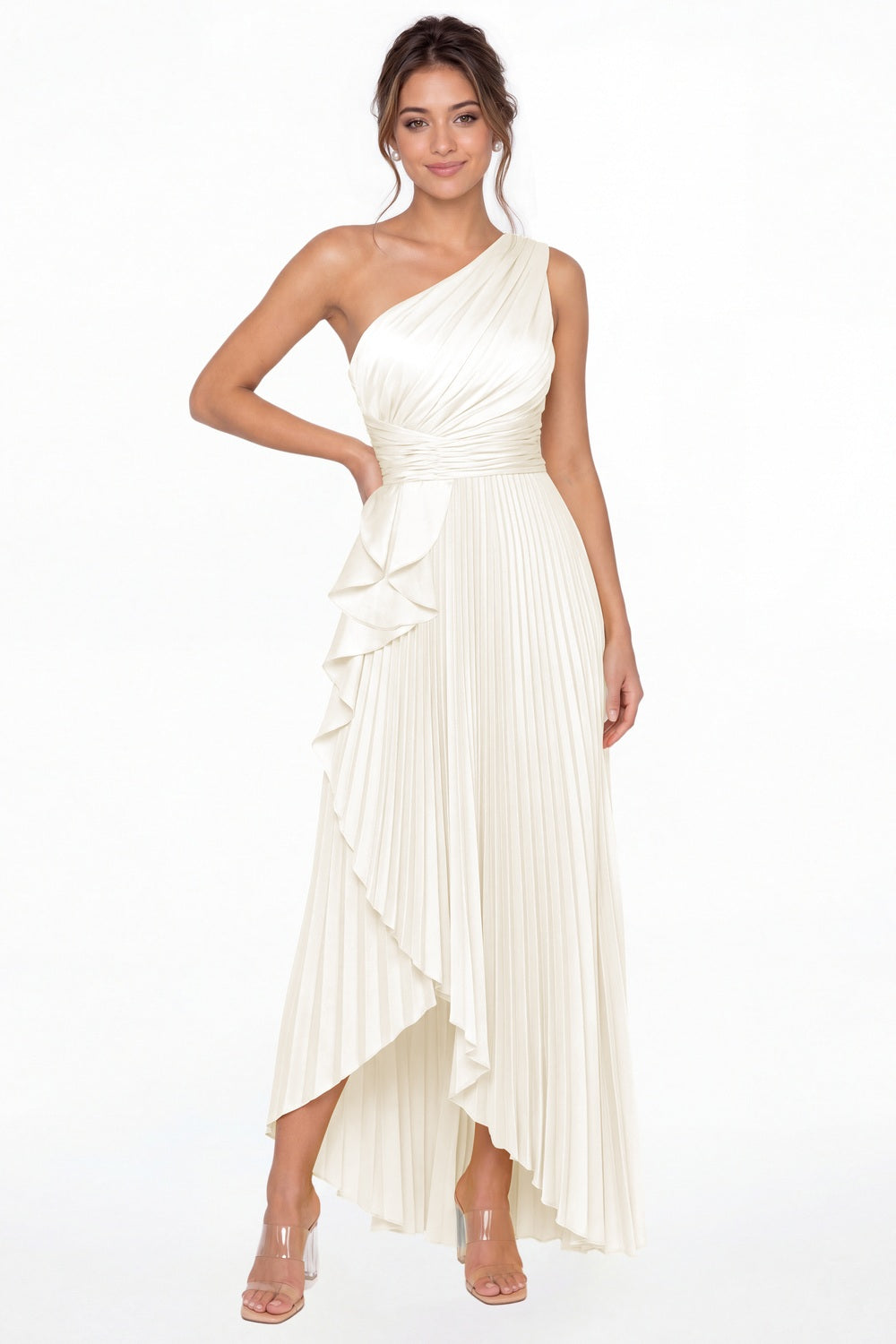 Ivory One Shoulder Ruched Satin Maxi Dress - Front View