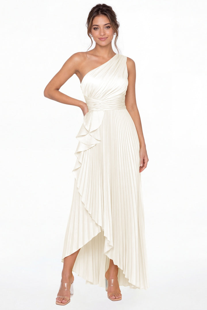 Ivory One Shoulder Ruched Satin Maxi Dress - Front View