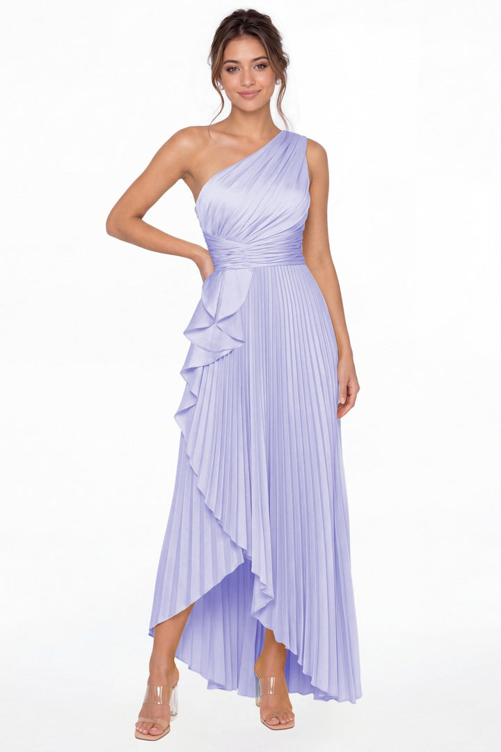 Lavender One Shoulder Ruched Satin Maxi Dress - Front View