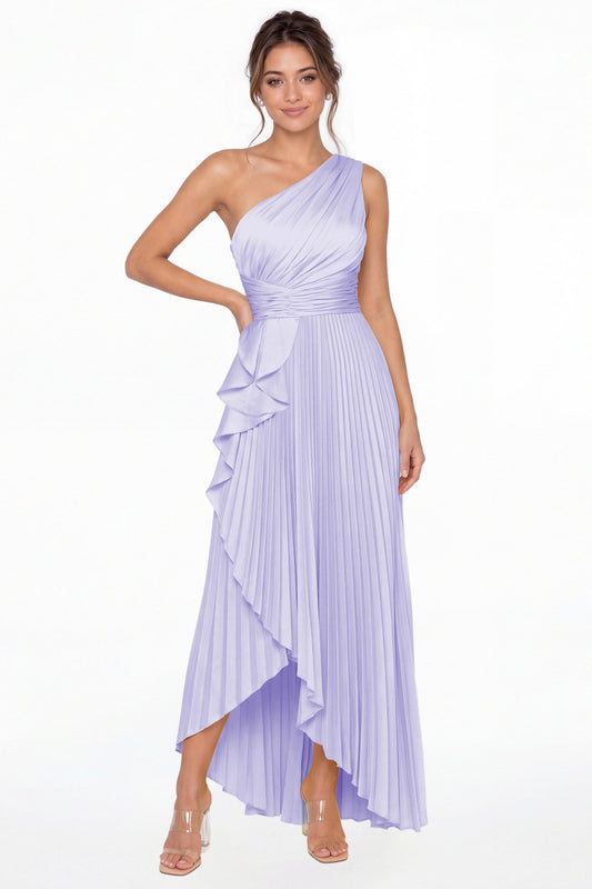 Lavender One Shoulder Ruched Satin Maxi Dress - Front View