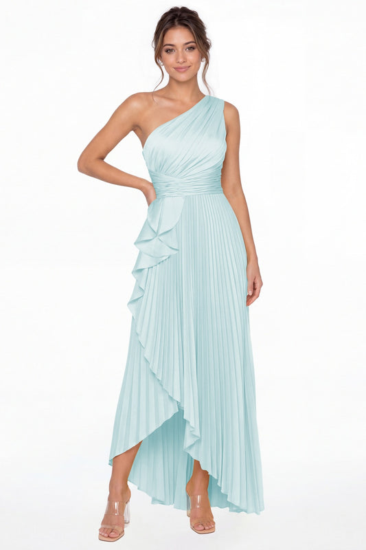 Light Blue One Shoulder Ruched Satin Maxi Dress - Front View