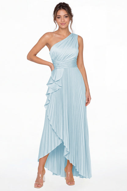 Light Blue One Shoulder Ruched Satin Maxi Dress - Front View