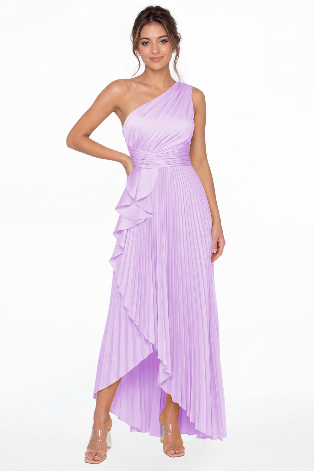 Lilac One Shoulder Ruched Satin Maxi Dress - Front View