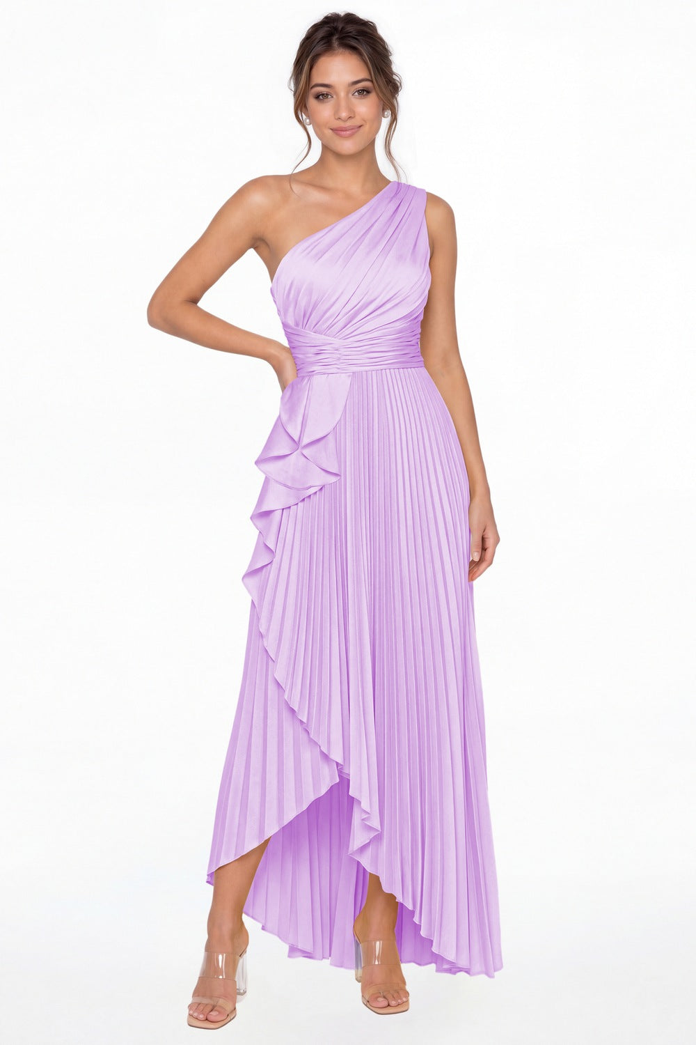 Lilac One Shoulder Ruched Satin Maxi Dress - Front View