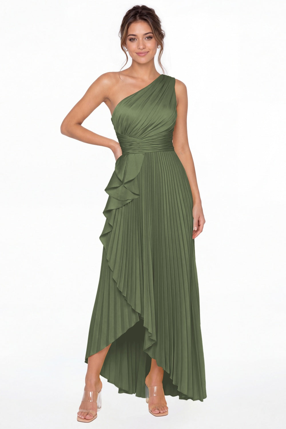 Moss Green One Shoulder Ruched Satin Maxi Dress - Front View