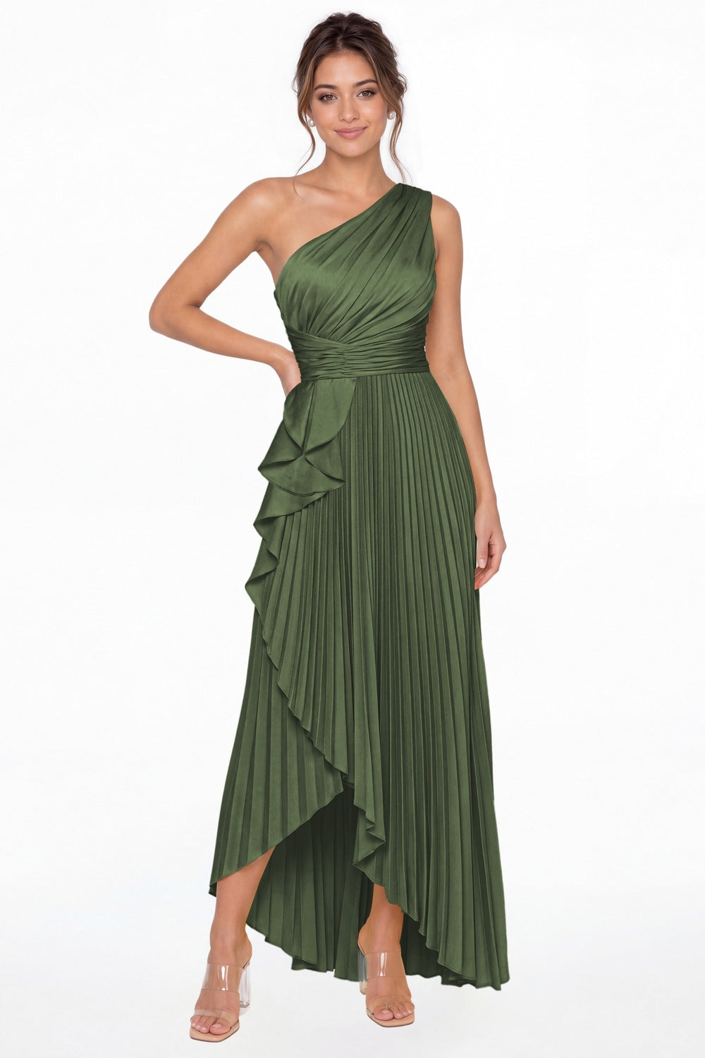 Moss Green One Shoulder Ruched Satin Maxi Dress - Front View