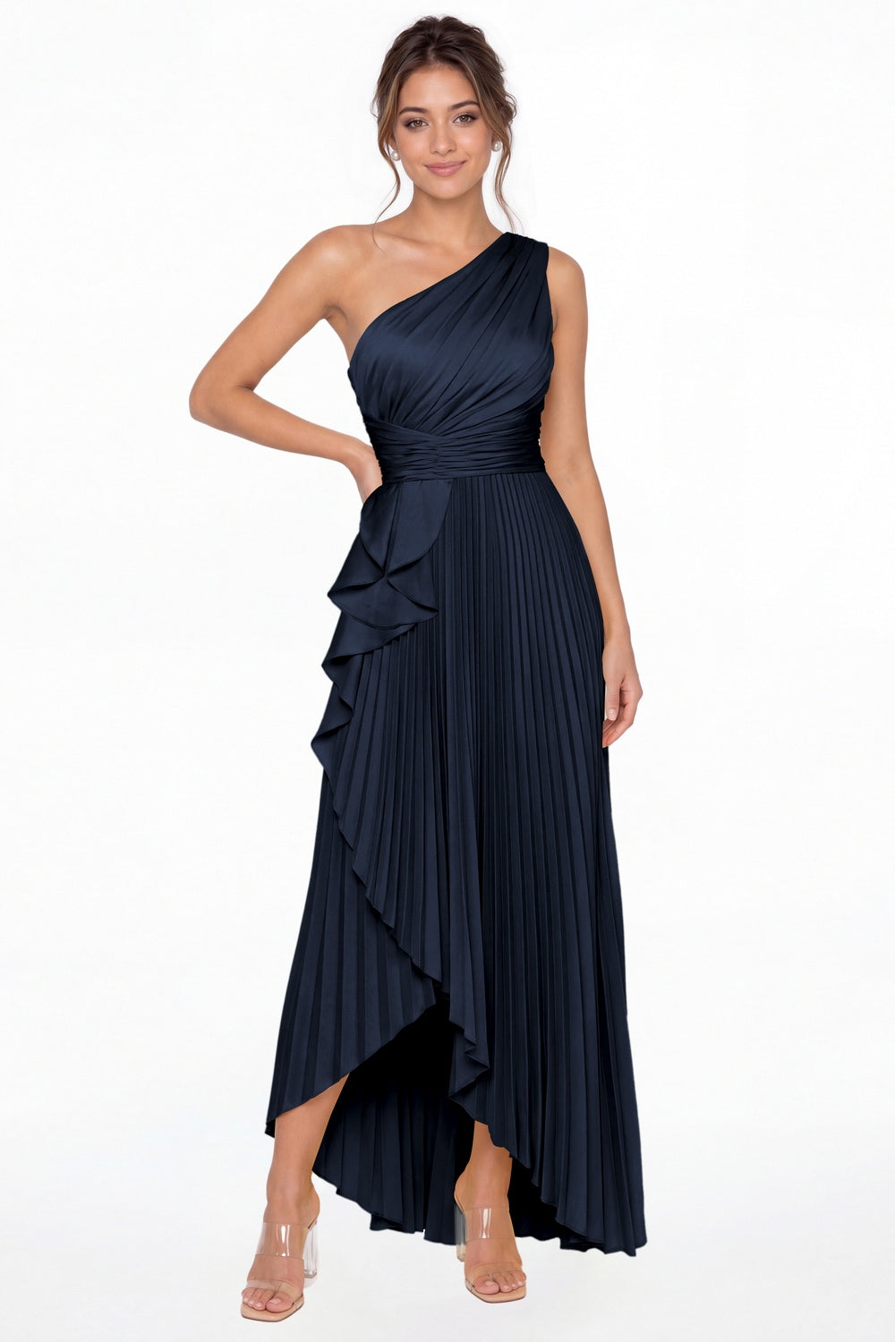 Navy Blue One Shoulder Ruched Satin Maxi Dress - Front View