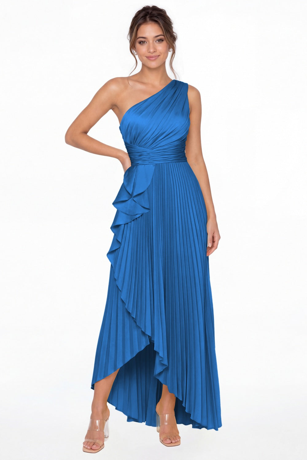 Ocean Blue One Shoulder Ruched Satin Maxi Dress - Front View