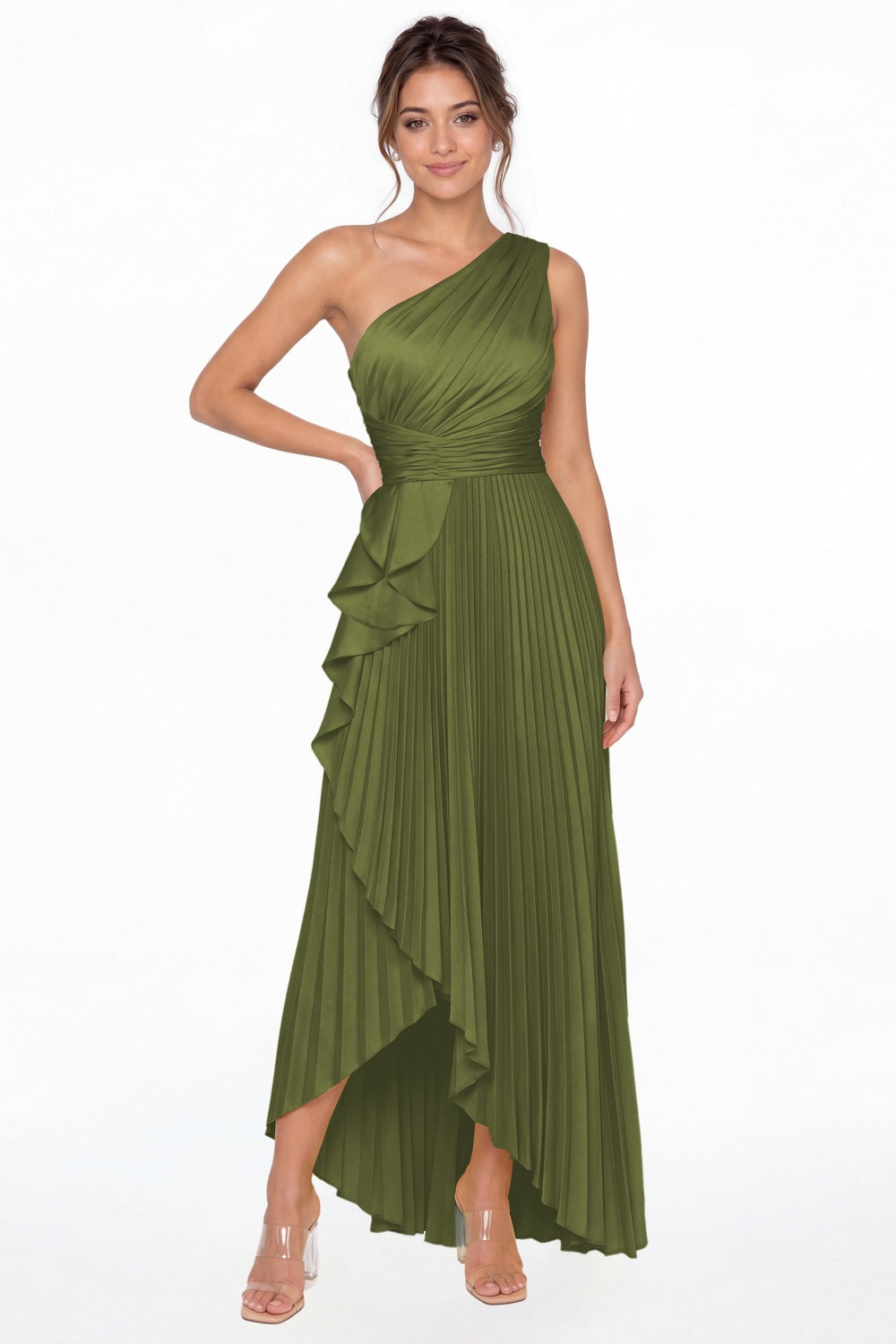 Olive Green One Shoulder Ruched Satin Maxi Dress - Front View