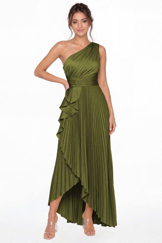 Olive Green One Shoulder Ruched Satin Maxi Dress - Front View