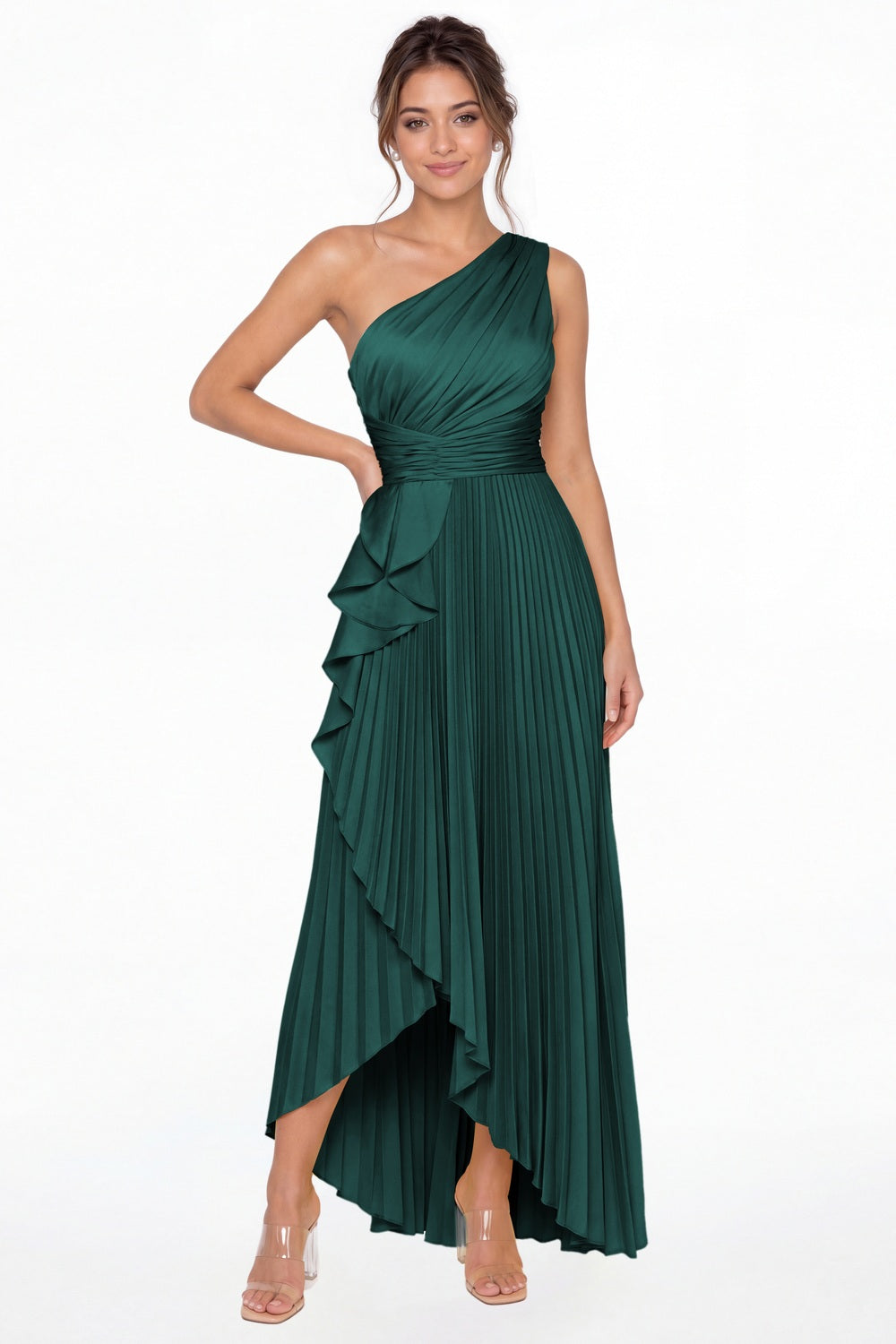 Peacock One Shoulder Ruched Satin Maxi Dress - Front View