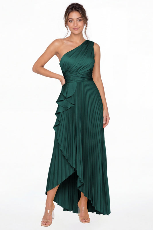 Peacock One Shoulder Ruched Satin Maxi Dress - Front View