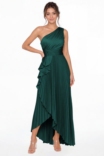 Peacock One Shoulder Ruched Satin Maxi Dress - Front View