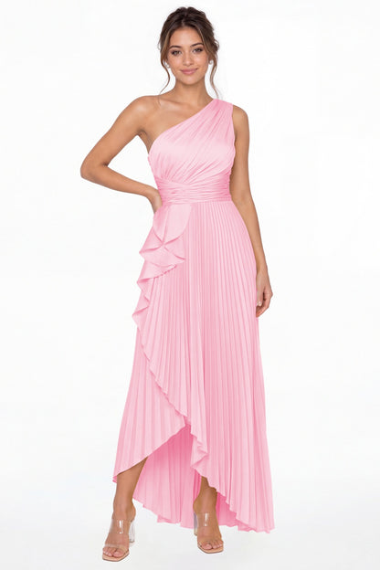 Pink One Shoulder Ruched Satin Maxi Dress - Front View