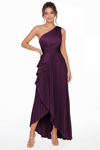 Plum One Shoulder Ruched Satin Maxi Dress - Front View