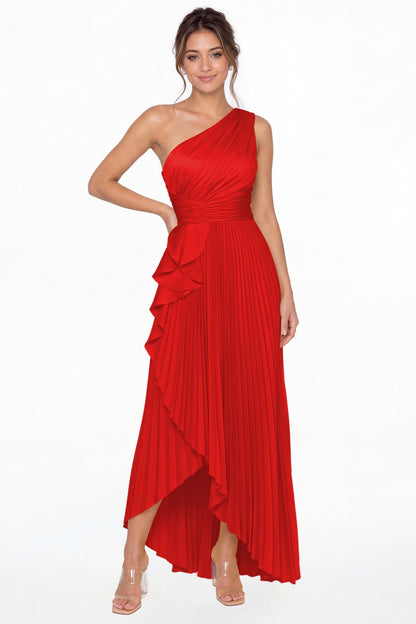 Red One Shoulder Ruched Satin Maxi Dress - Front View