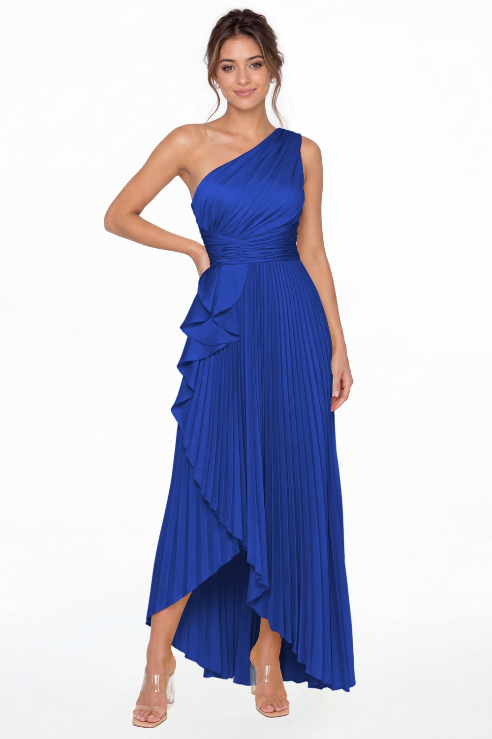Royal Blue One Shoulder Ruched Satin Maxi Dress - Front View