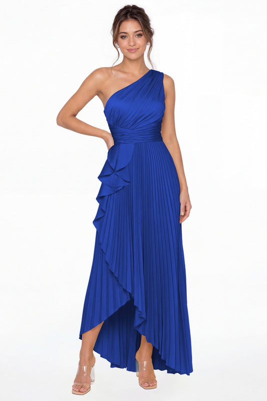 Royal Blue One Shoulder Ruched Satin Maxi Dress - Front View