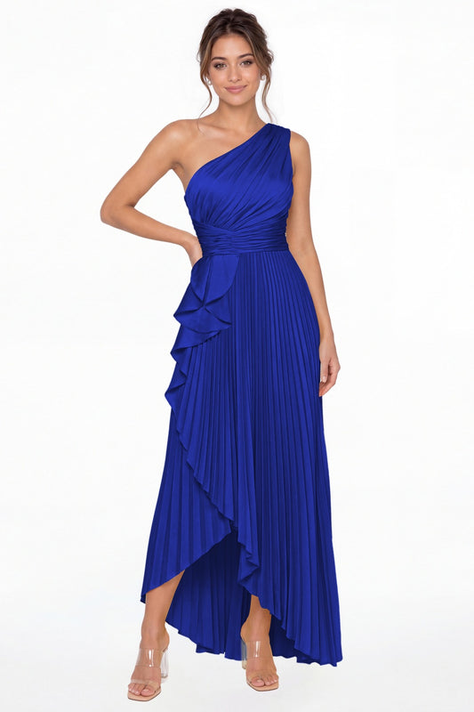 Royal Blue One Shoulder Ruched Satin Maxi Dress - Front View