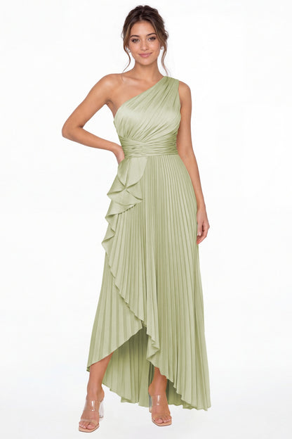 Sage Green One Shoulder Ruched Satin Maxi Dress - Front View