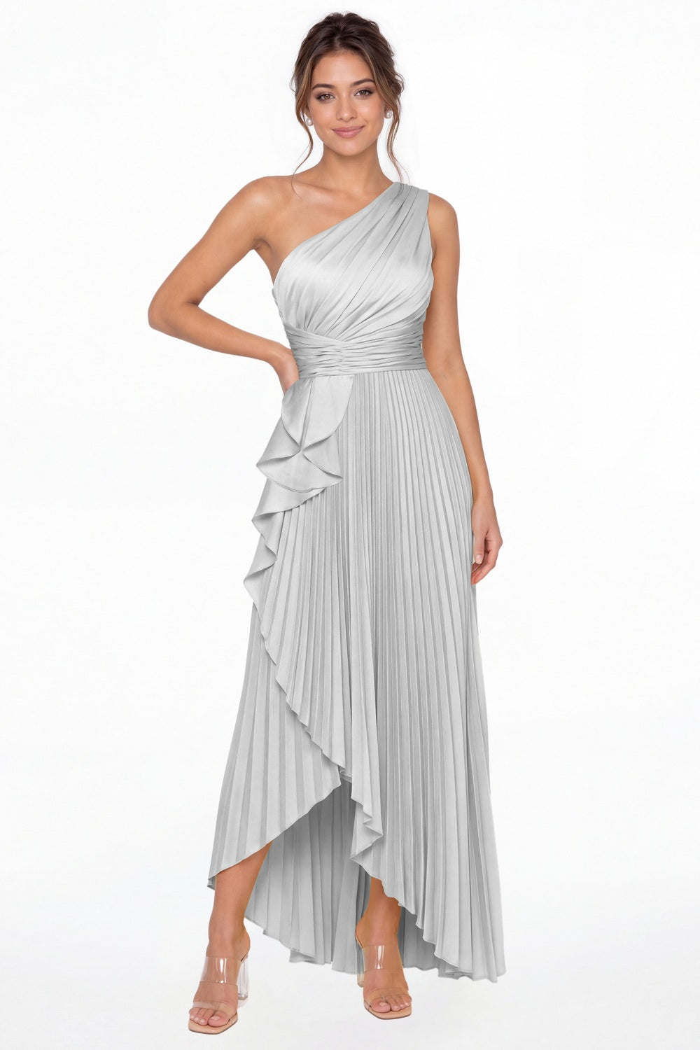 Silver One Shoulder Ruched Satin Maxi Dress - Front View