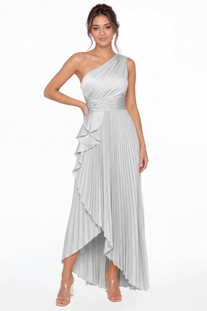 Silver One Shoulder Ruched Satin Maxi Dress - Front View