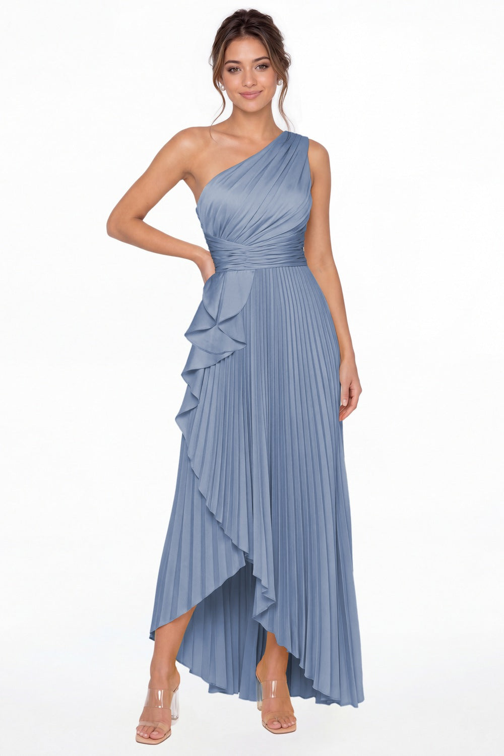 Steel Blue One Shoulder Ruched Satin Maxi Dress - Front View